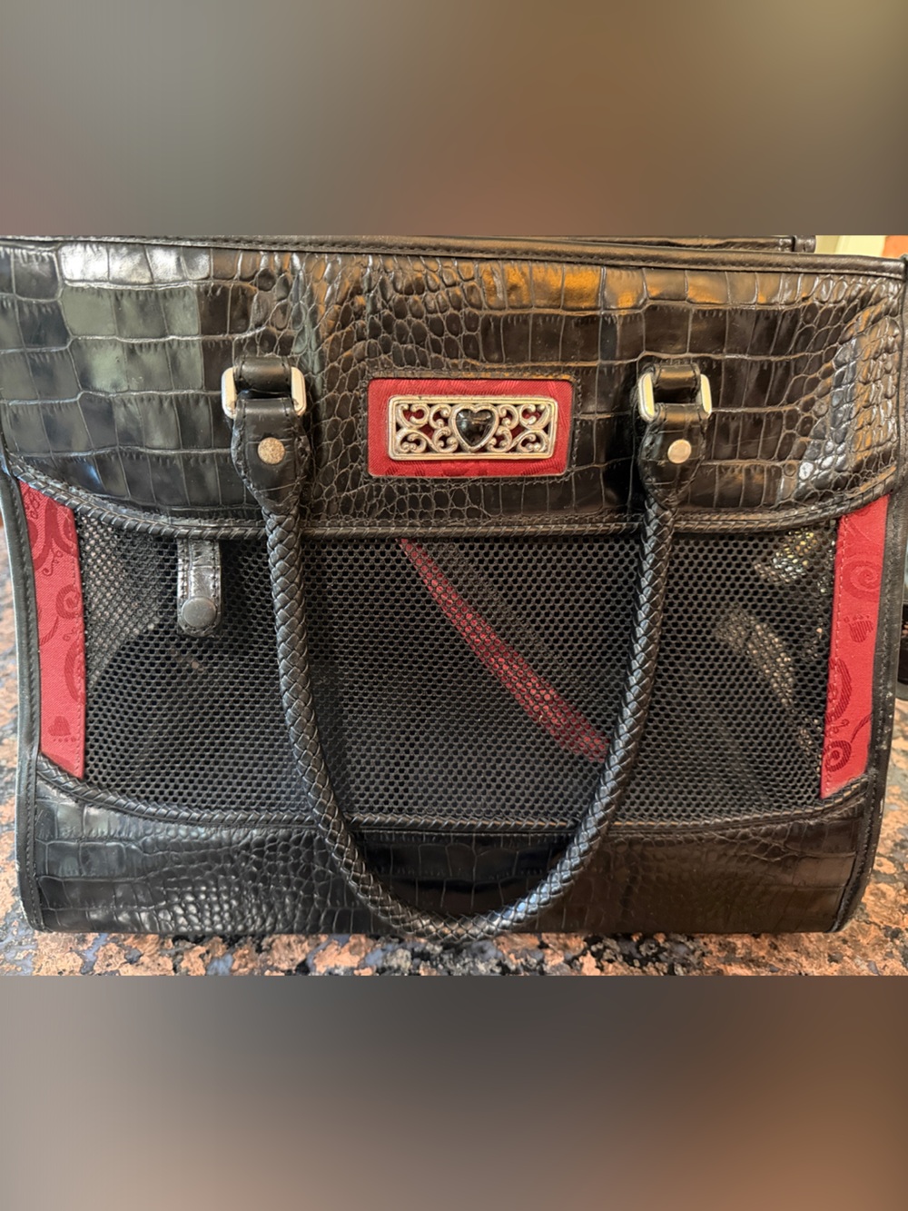Brighton Black Faux-Croc Tote with Red Accents
